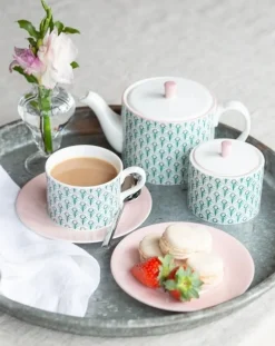 Jo Deakin Ebb Pink & Turquoise Sugar Bowl- Creamers & Sugar Bowls