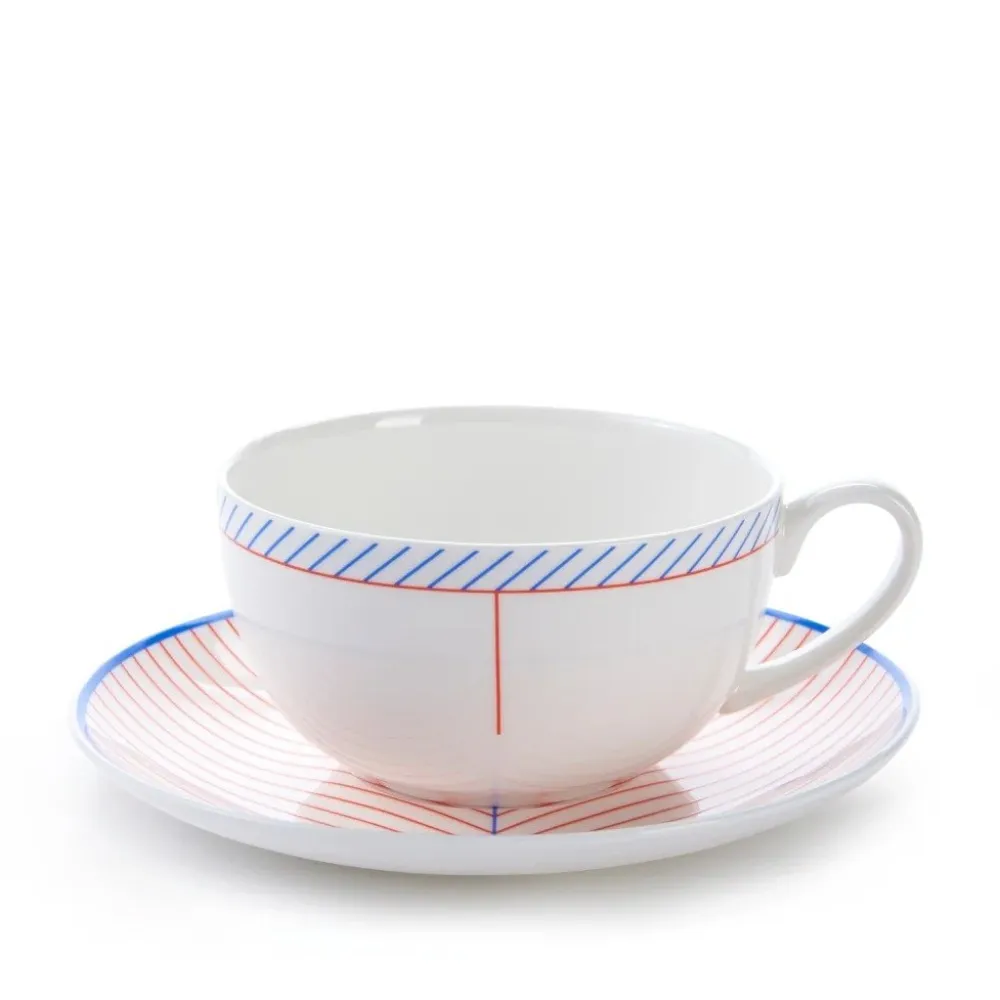 Jo Deakin Ebb Red & Blue Teacup & Saucer- Teacups & Saucers