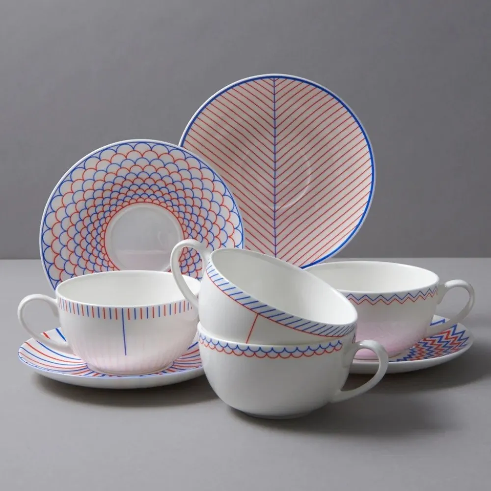 Jo Deakin Ebb Red & Blue Teacup & Saucer- Teacups & Saucers