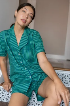 Jungle Jane Navy-Green Stripes Nighty Nite- Robes, Nightgowns & Dresses