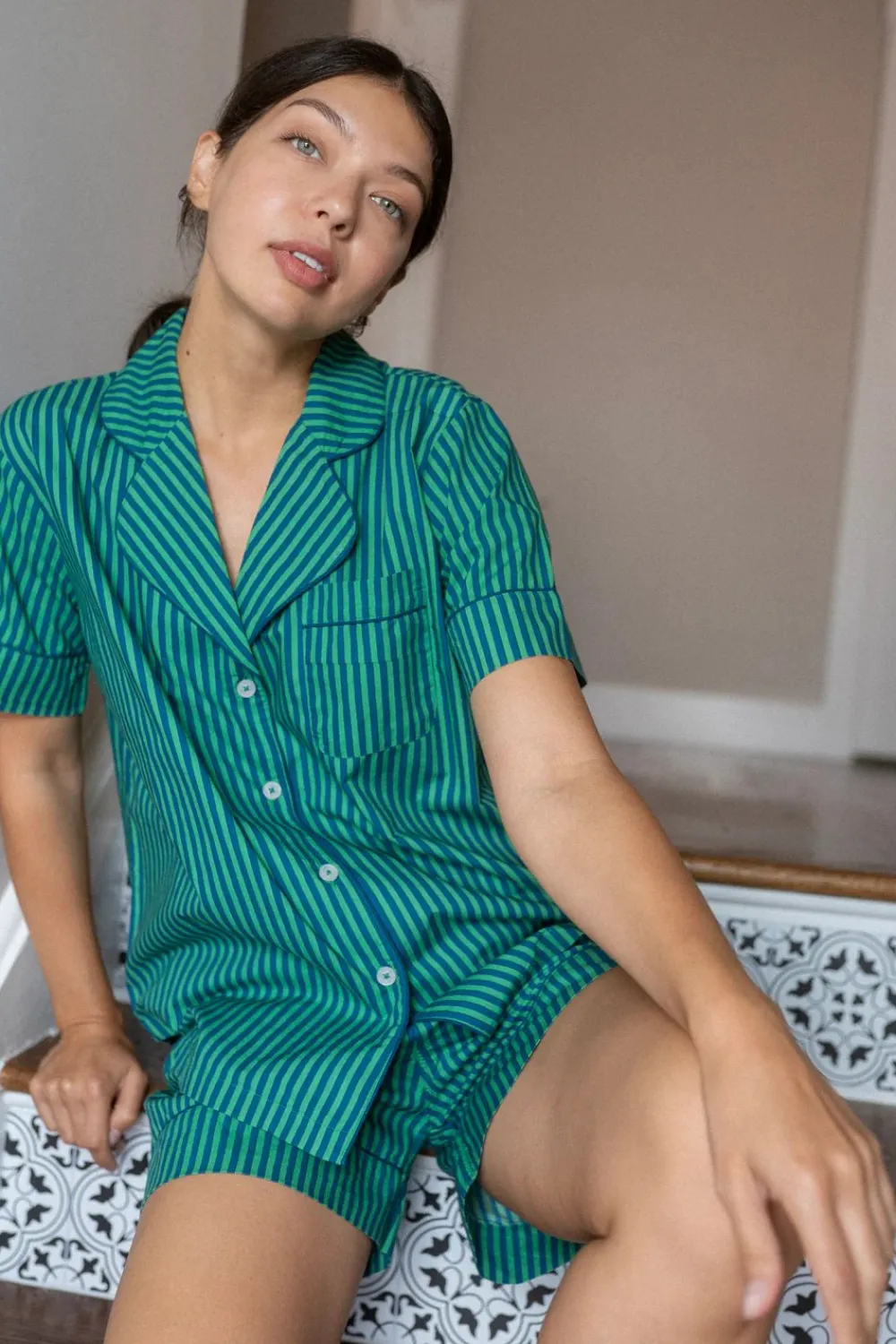Jungle Jane Navy-Green Stripes Short Sleep Set- Robes, Nightgowns & Dresses