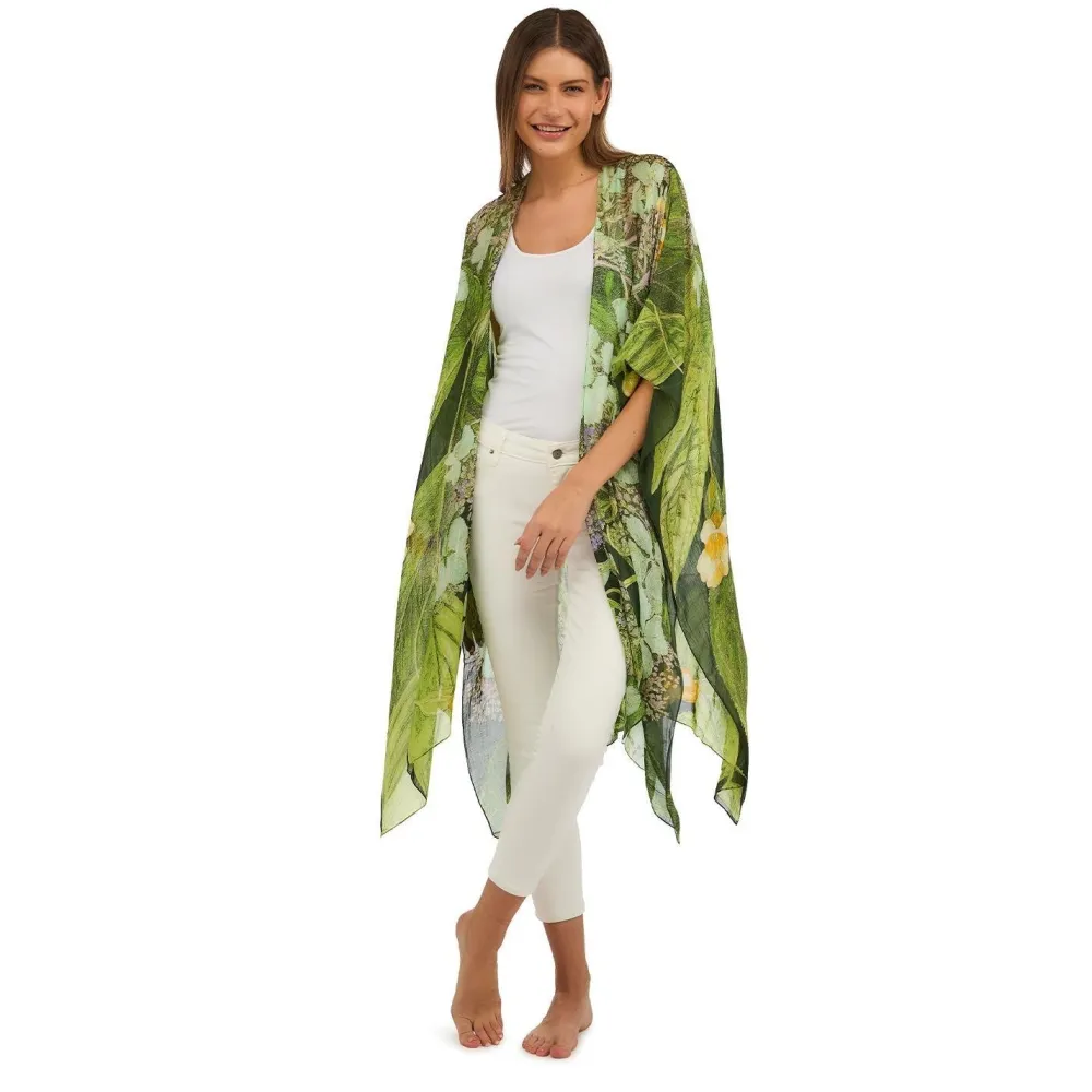 KEW Hydrangea Print Lime Long Kimono- Robes, Nightgowns & Dresses