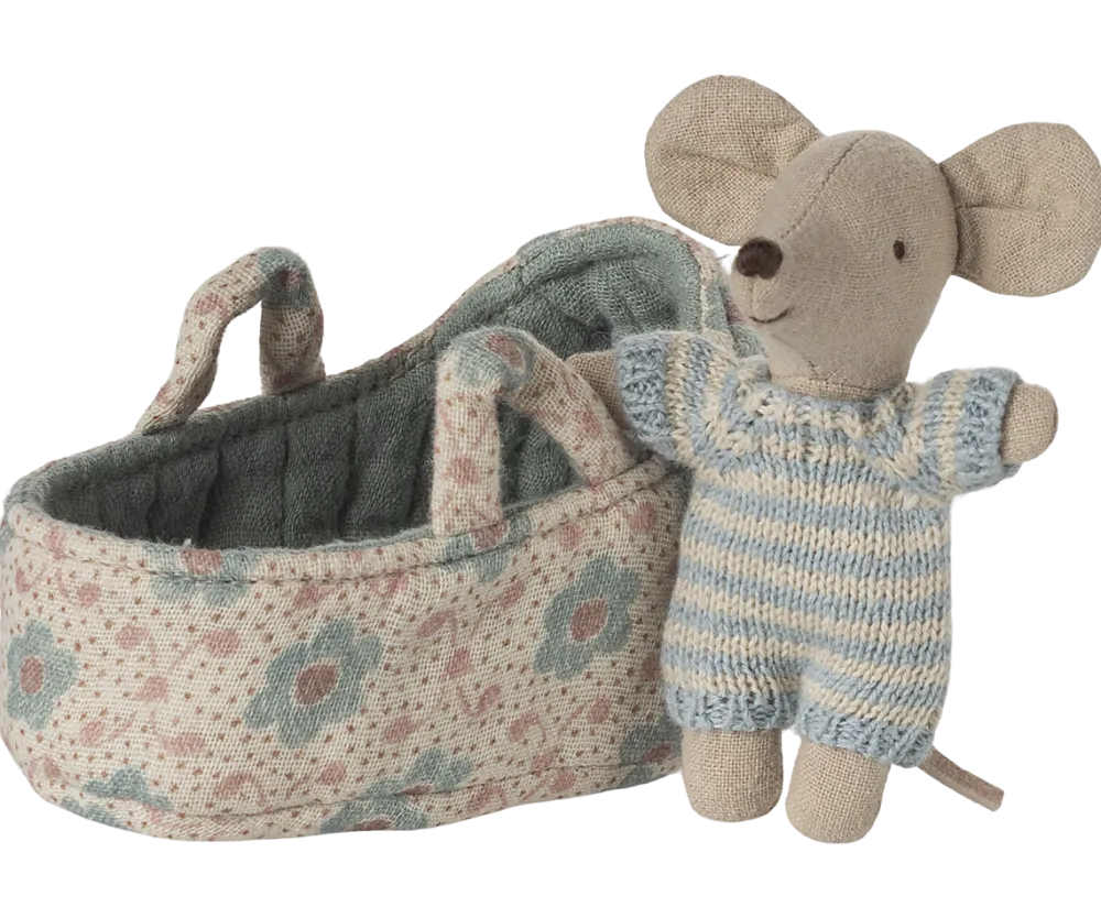Maileg Baby Mouse in Carry Cot - Blue- Maileg|Toys