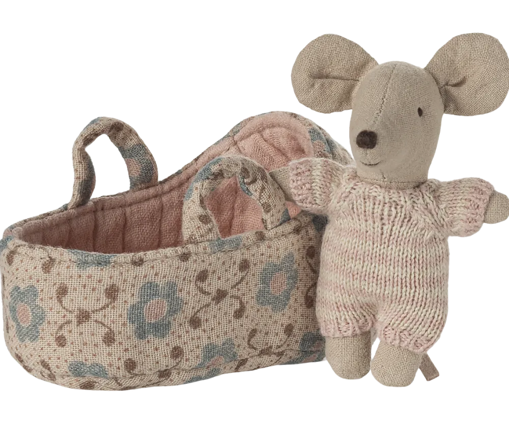 Maileg Baby Mouse in Carry Cot - Rose- Maileg|Toys