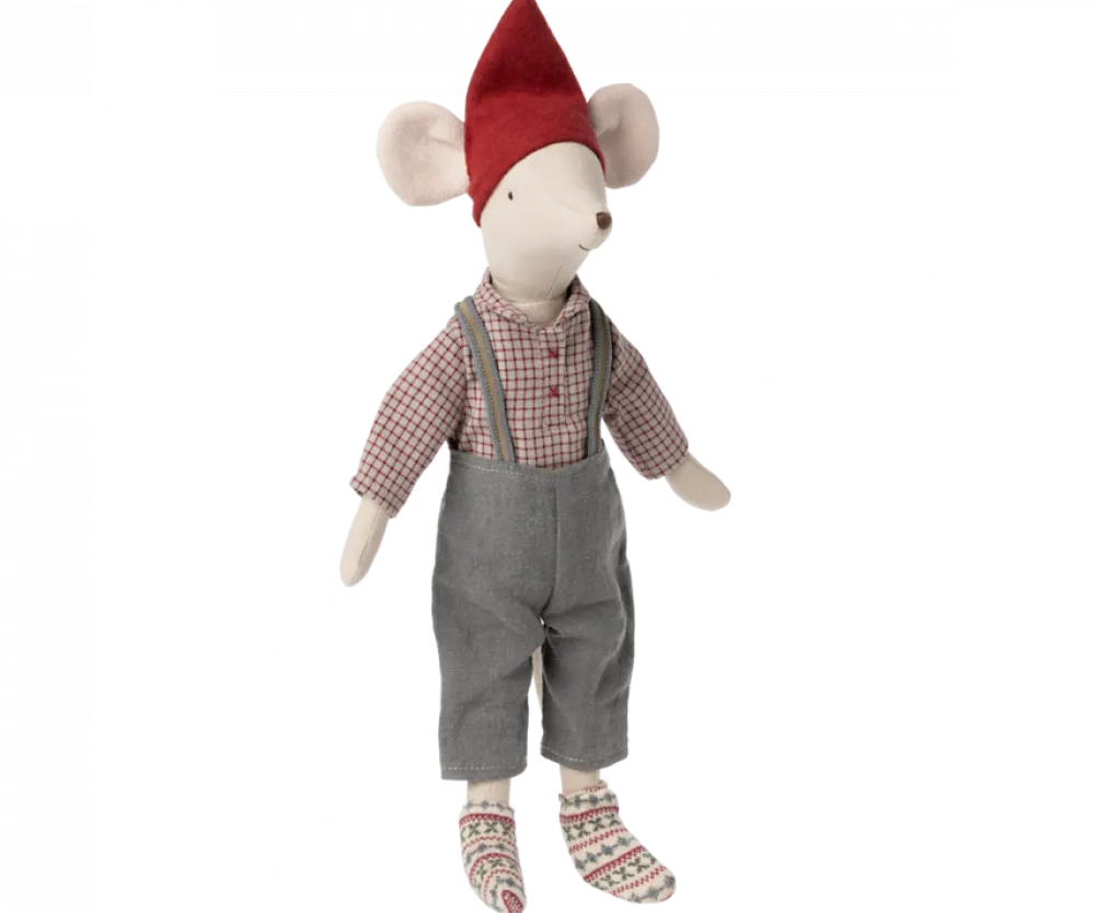 Maileg Christmas Mouse, Medium - Overalls- Maileg|Toys