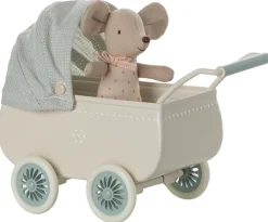 Maileg Pram with Baby Mouse - Mint- Maileg|Toys
