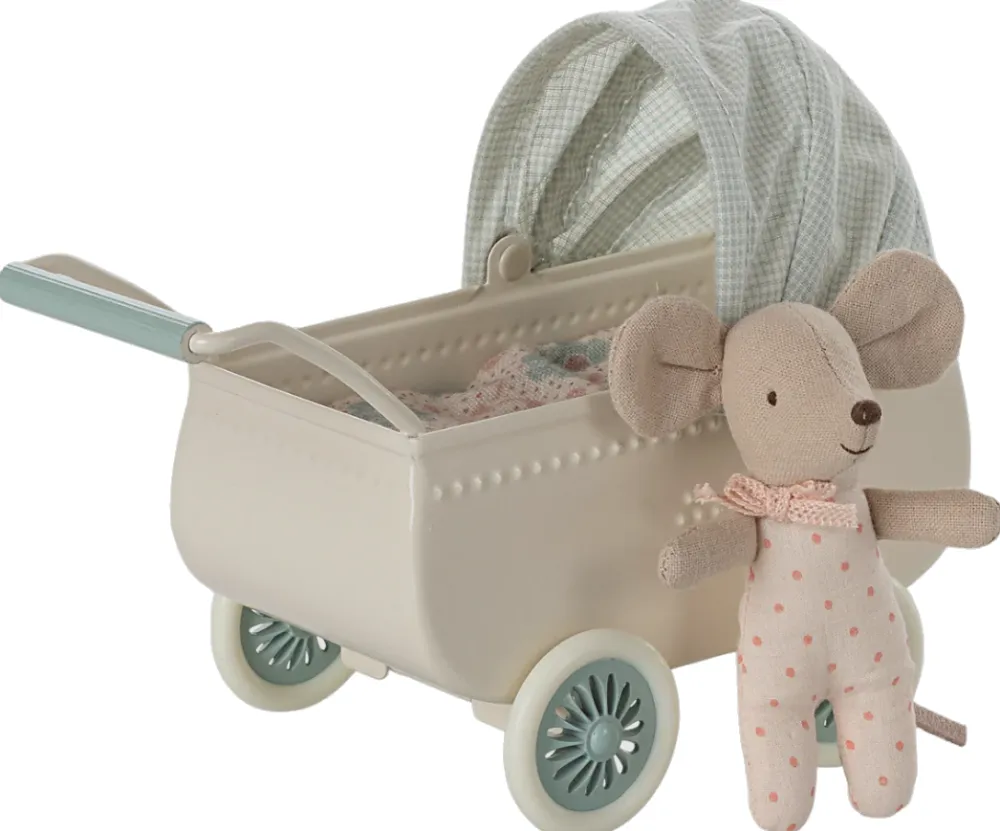 Maileg Pram with Baby Mouse - Mint- Maileg|Toys