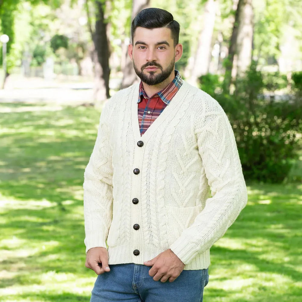 Men's V Neck Cable Cardigan (Natural)- Shirts & Sweaters