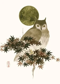 Owl and Golden Moon Birthday Card- Greeting Cards