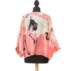 Peony Pink Heron Print Short Kimono- Robes, Nightgowns & Dresses