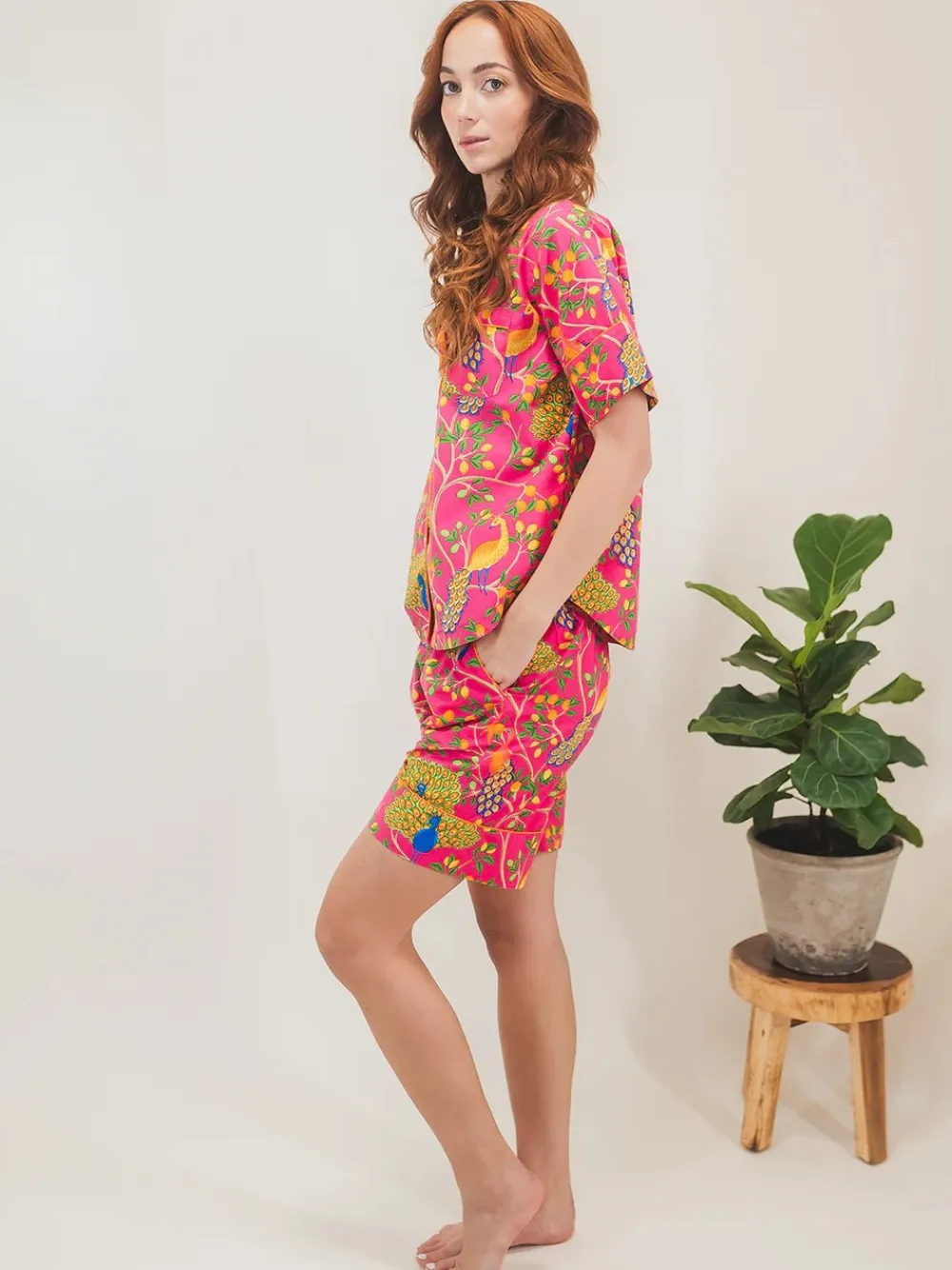 Pink Fearless Peacock Short Sleep Set- Robes, Nightgowns & Dresses