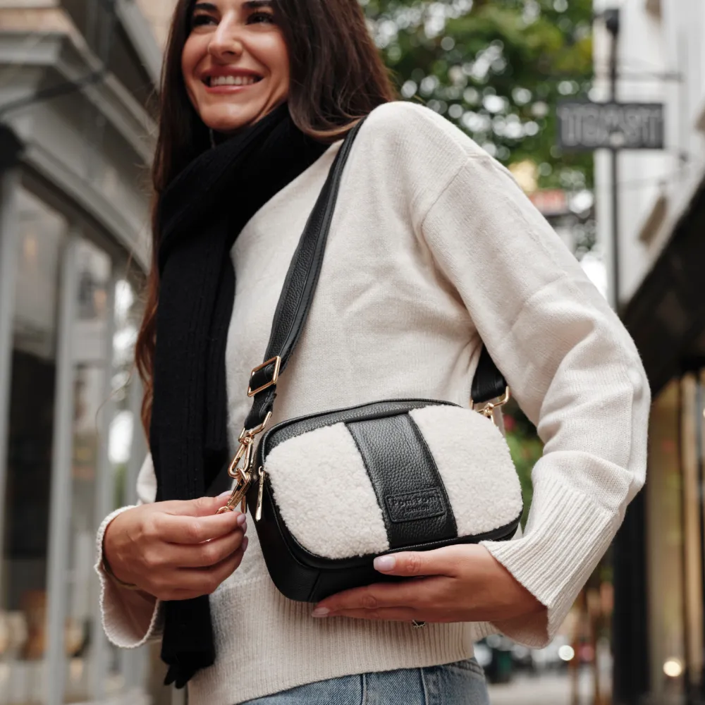 Pom Pom London Black Leather & Faux Fleece Original Bag- Pom Pom London