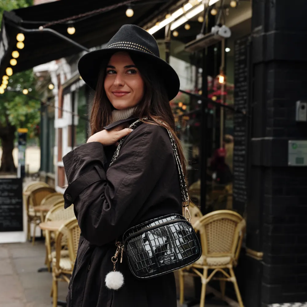 Pom Pom London Black Patent Croc Original Bag- Pom Pom London