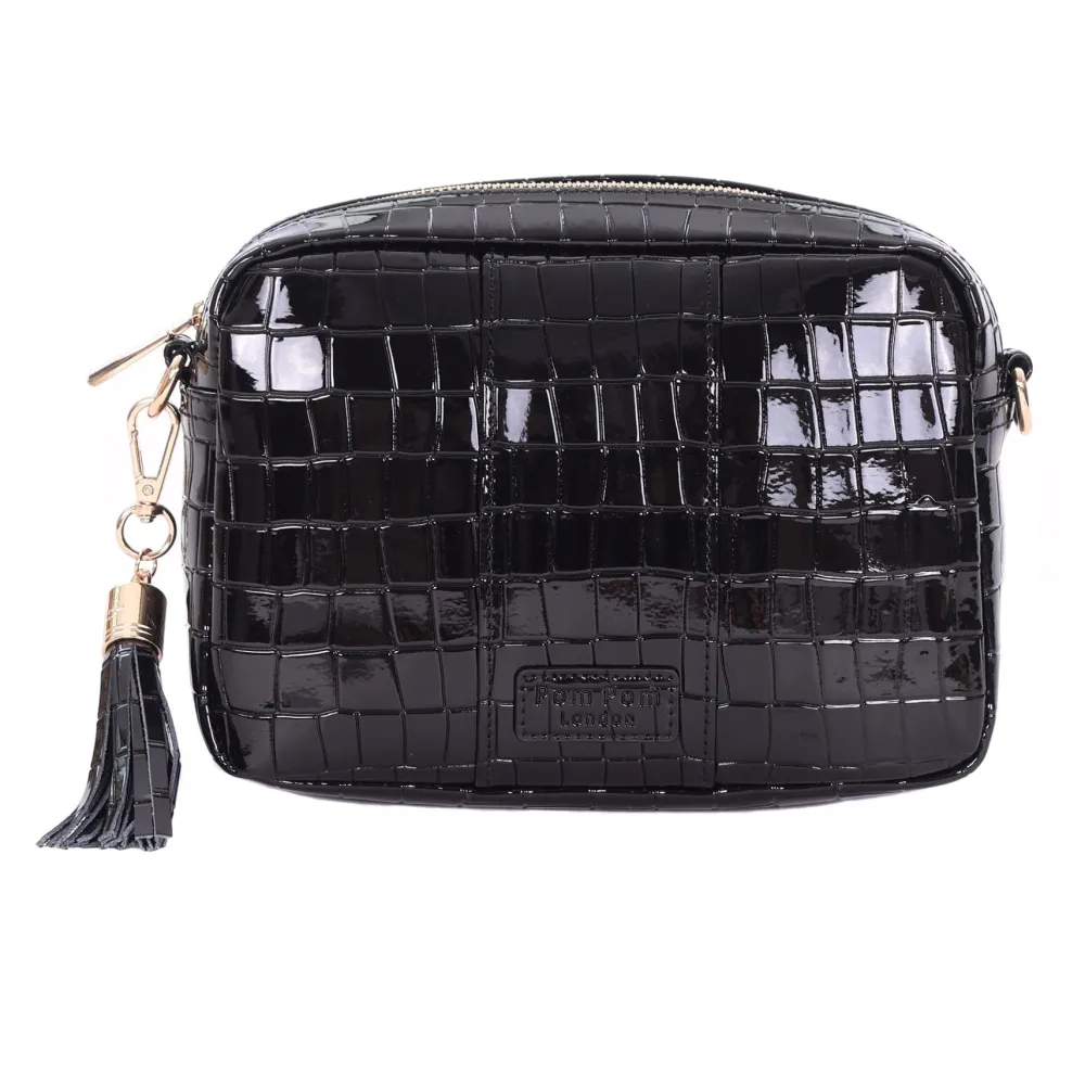 Pom Pom London Black Patent Croc City Bag- Pom Pom London
