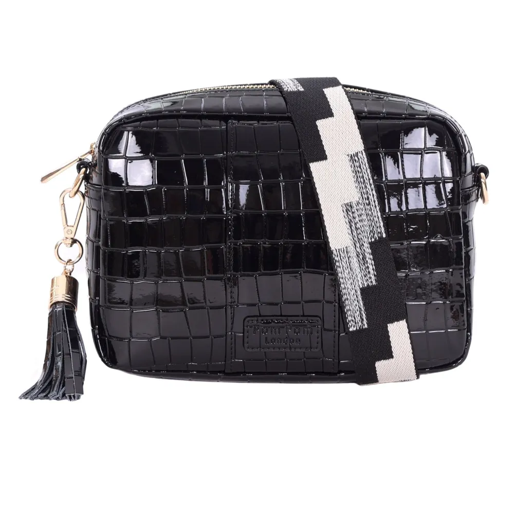 Pom Pom London Black Patent Croc City Bag- Pom Pom London