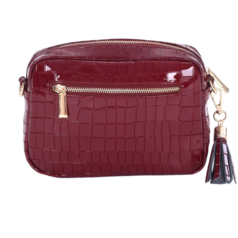 Pom Pom London Claret Patent Croc City Bag- Pom Pom London