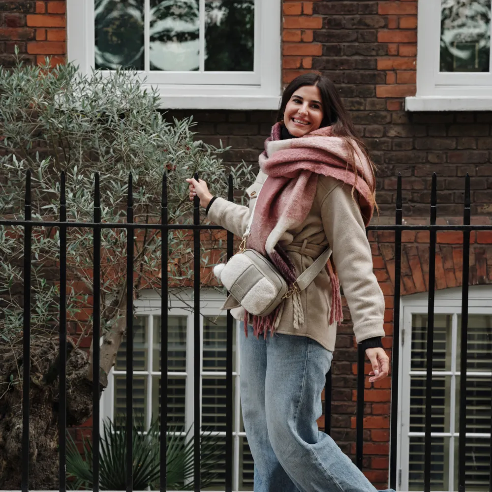 Pom Pom London Stone Leather & Faux Fleece Original Bag- Pom Pom London