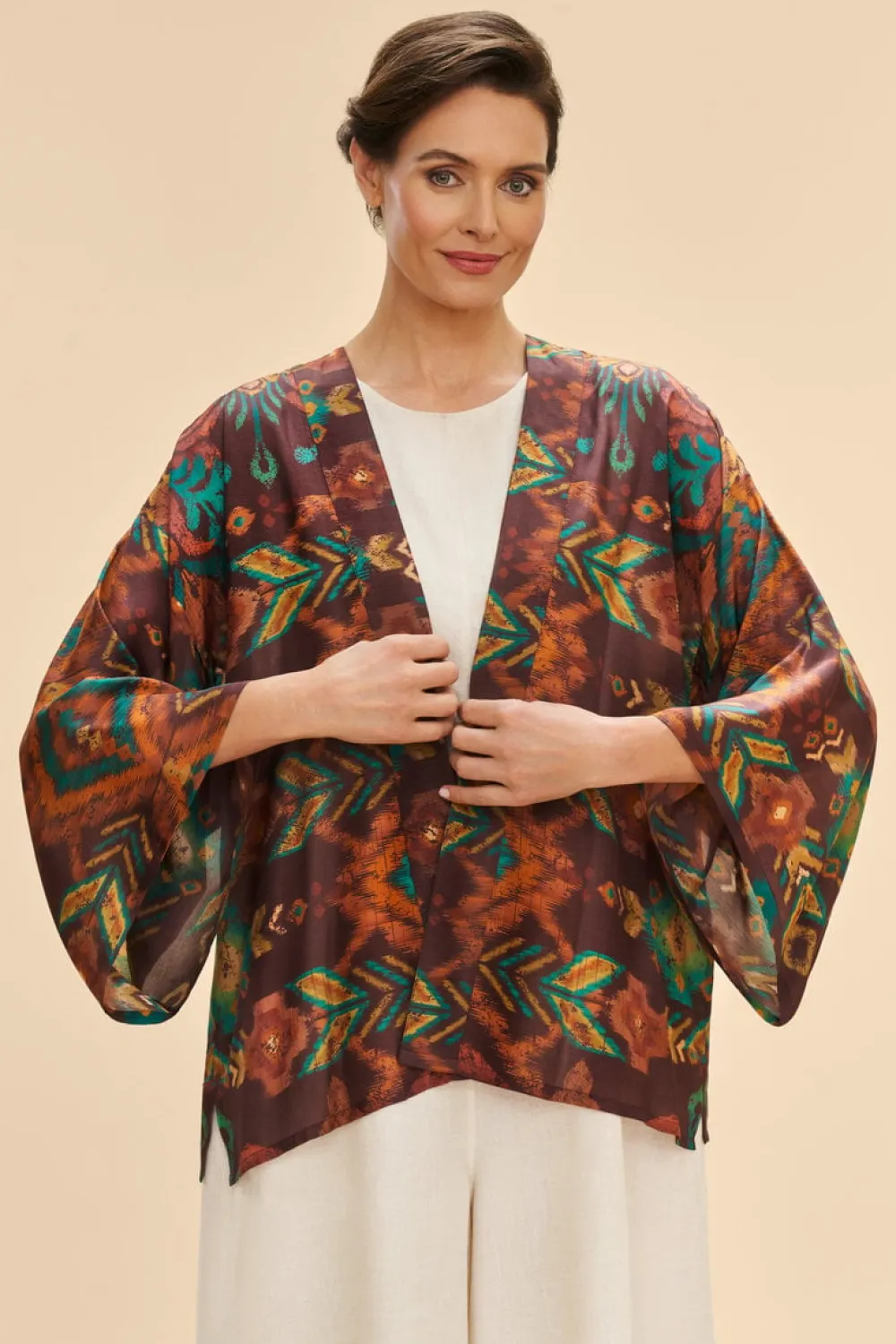 Powder UK Chocolate Ikat Kimono Jacket- Robes, Nightgowns & Dresses