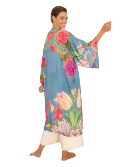 Powder UK Floral Study Denim Blue Kimono Gown- Robes, Nightgowns & Dresses