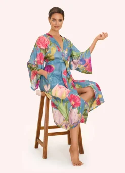 Powder UK Floral Study Denim Blue Kimono Gown- Robes, Nightgowns & Dresses