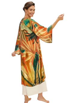 Powder UK Painted Palms Tangerine Kimono Gown- Robes, Nightgowns & Dresses