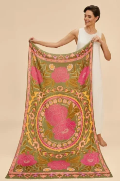 Powder UK Printed Folk Floral Roses Scarf (Olive)- Scarves & Wraps