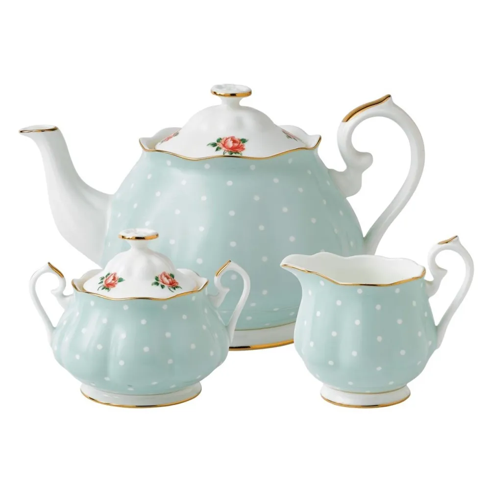 Royal Albert Polka Rose Teapot, Cream & Sugar Set- Tea Sets|Teapots