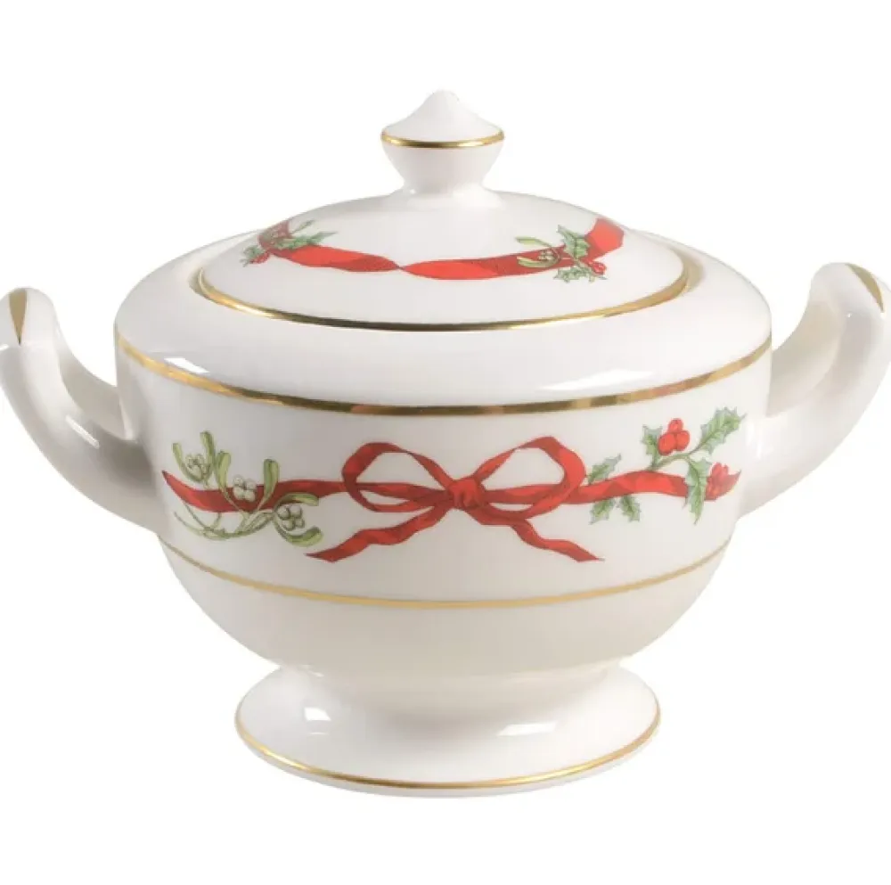 Royal Worcester Holly Ribbons Covered Sugar Bowl- Royal Worcester|Creamers & Sugar Bowls
