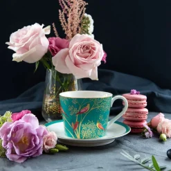 Sara Miller London Sara Miller Chelsea Collection Green Birds Teacup & Saucer- Teacups & Saucers
