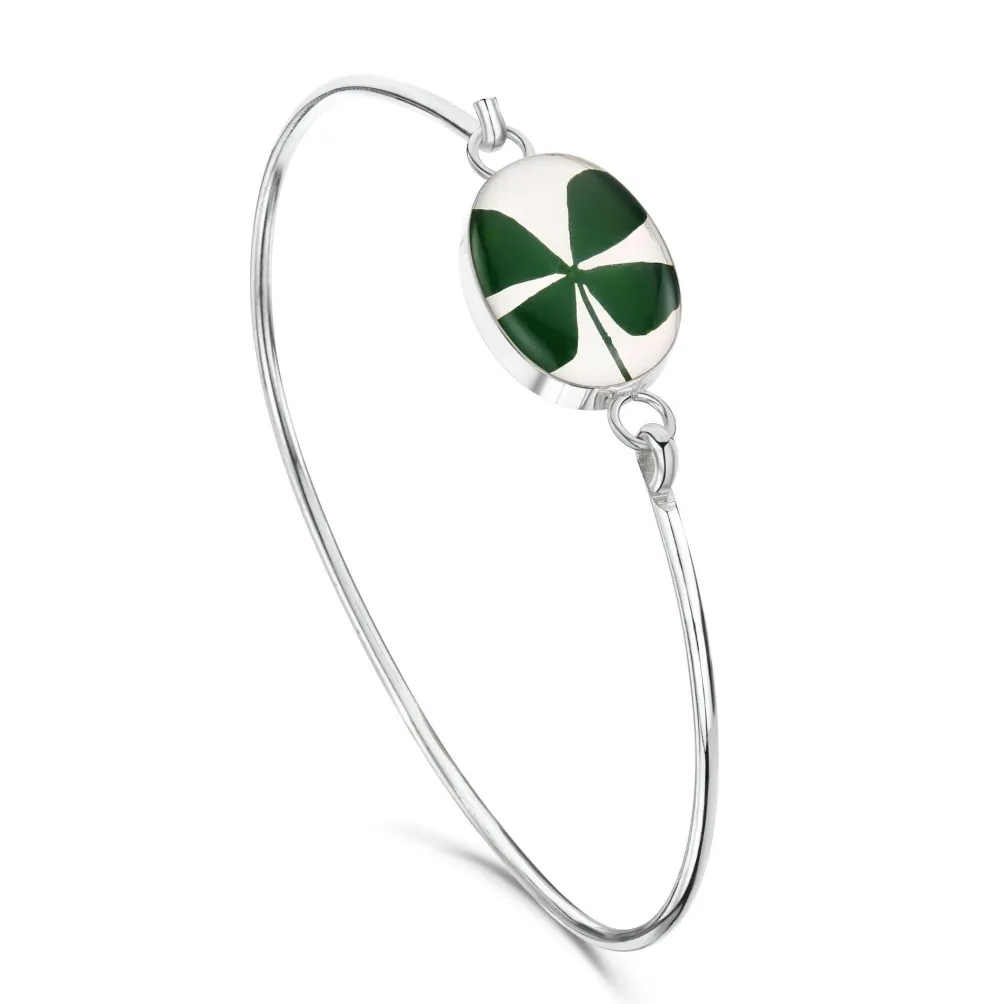 Shrieking Violet Four Leaf Clover Oval Silver Bangle- Bracelets & Bangles