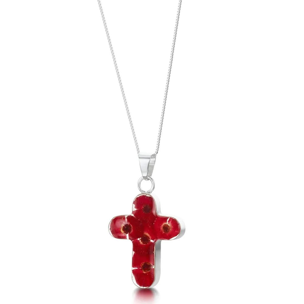 Shrieking Violet Poppy Medium Cross Silver Pendant Necklace- Necklaces & Pendants