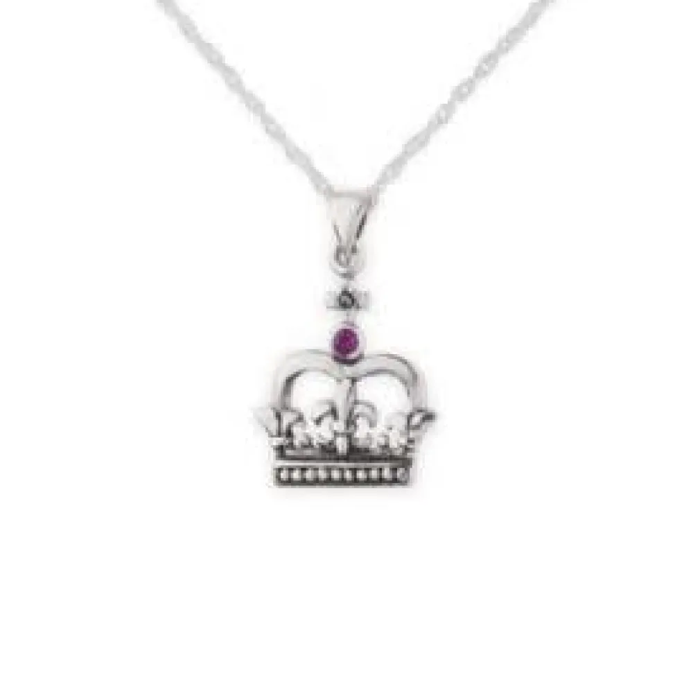 Silver Scottish Crown Pendant Necklace with Ruby Colour Stone- Necklaces & Pendants