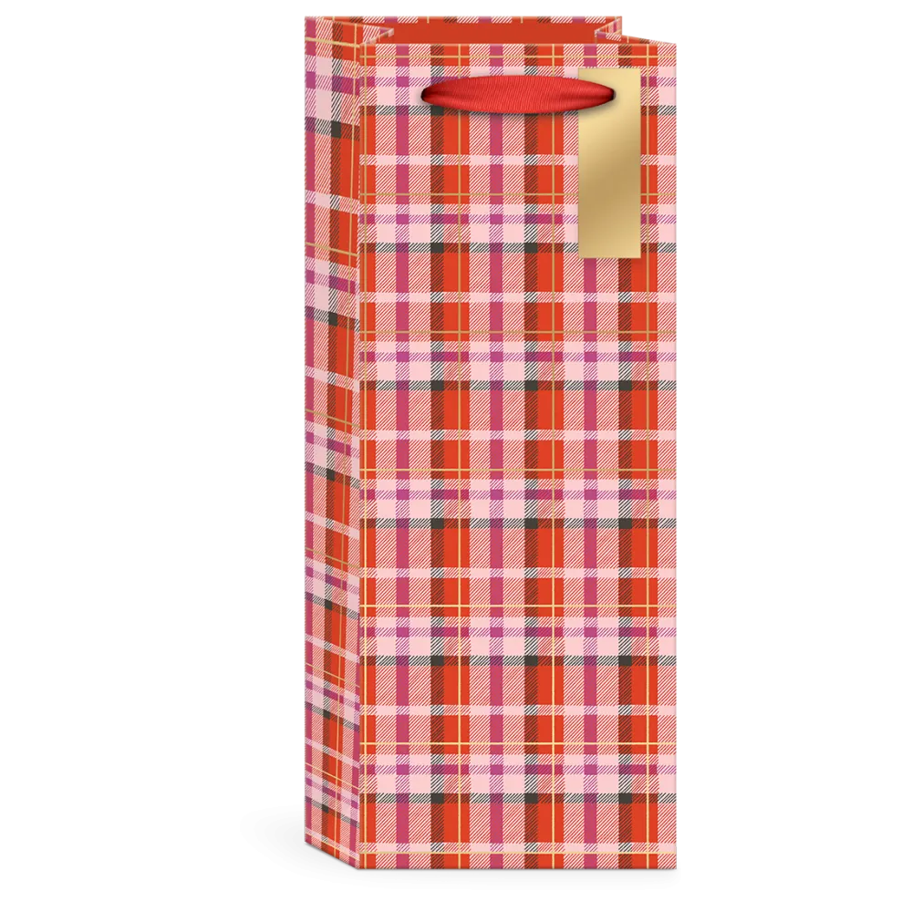 Snow Day Dogs Plaid with Ribbon Handle Wine Gift Bag- Gift Bags