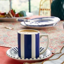 Spode Blue Italian Steccato Bold Stripe Espresso Cup & Saucer- Teacups & Saucers