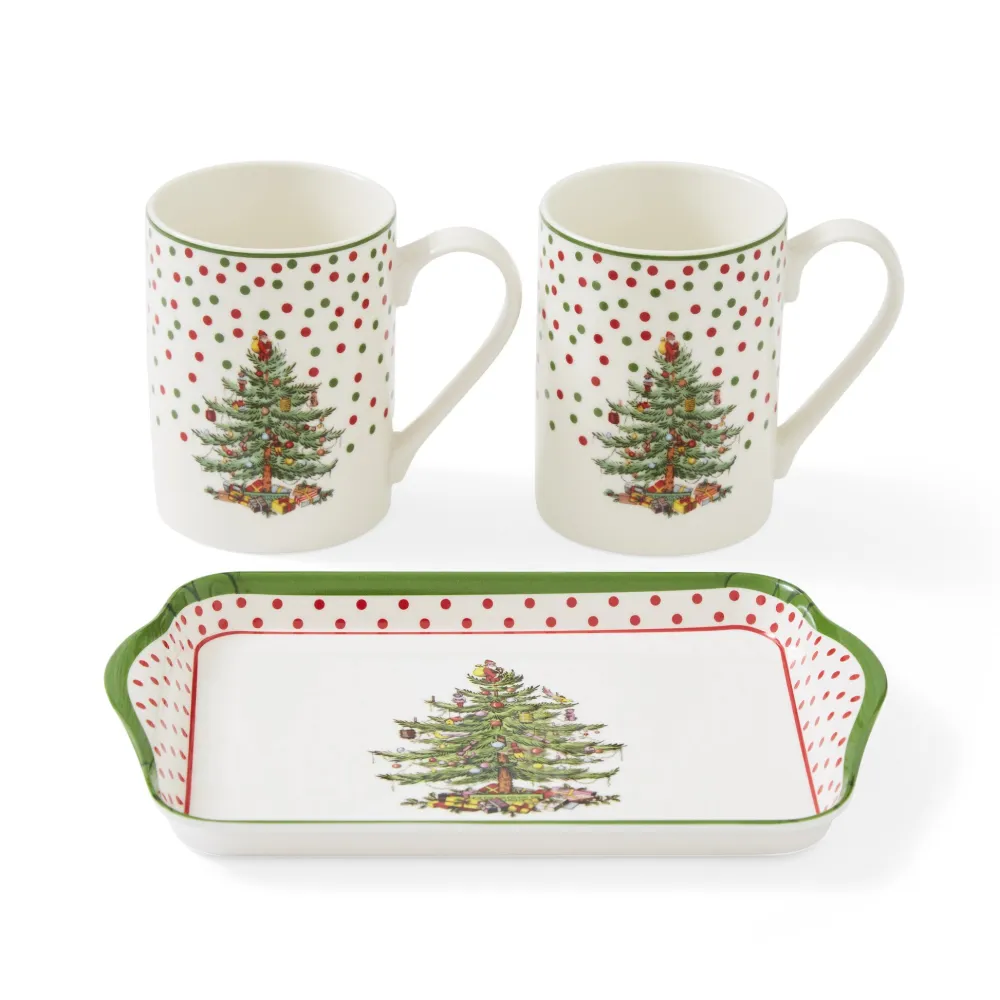 Spode Christmas Tree Polka Dot Mugs & Tray Set- Assorted Mugs|Tea Trays