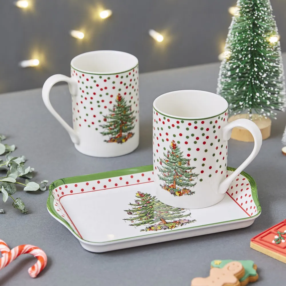 Spode Christmas Tree Polka Dot Mugs & Tray Set- Assorted Mugs|Tea Trays