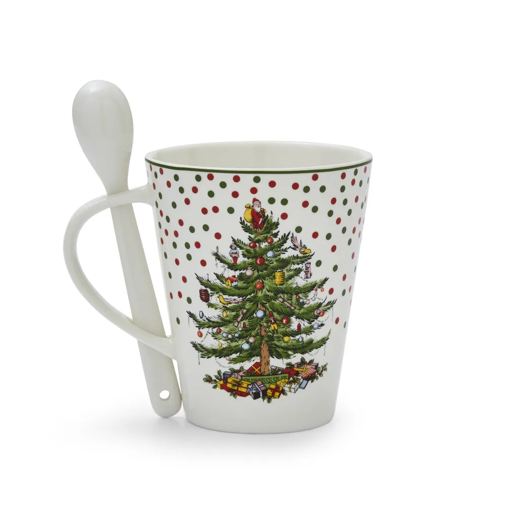Spode Christmas Tree Polka Dot Mug & Spoon Set- Assorted Mugs
