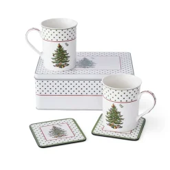 Spode Christmas Tree Polka Dot 5 Piece Mug & Tin Set- Assorted Mugs