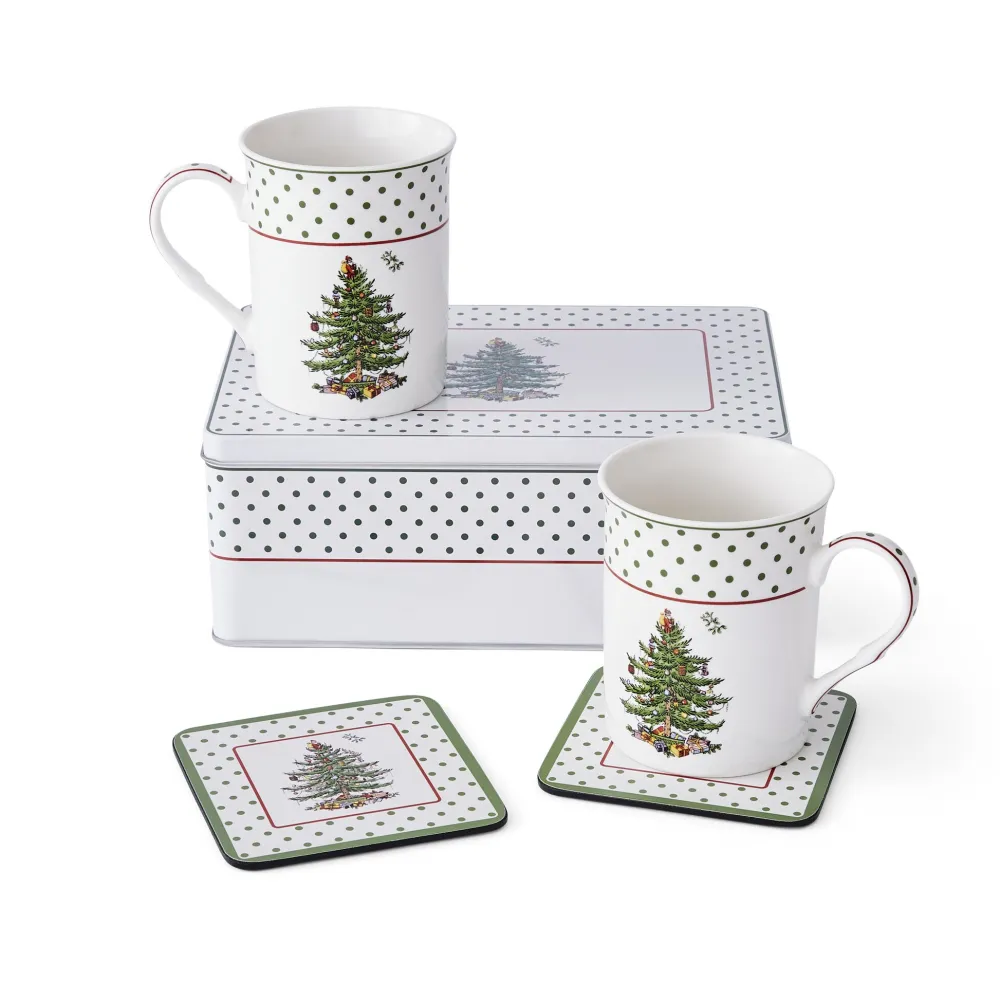 Spode Christmas Tree Polka Dot 5 Piece Mug & Tin Set- Assorted Mugs