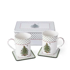 Spode Christmas Tree Polka Dot 5 Piece Mug & Tin Set- Assorted Mugs