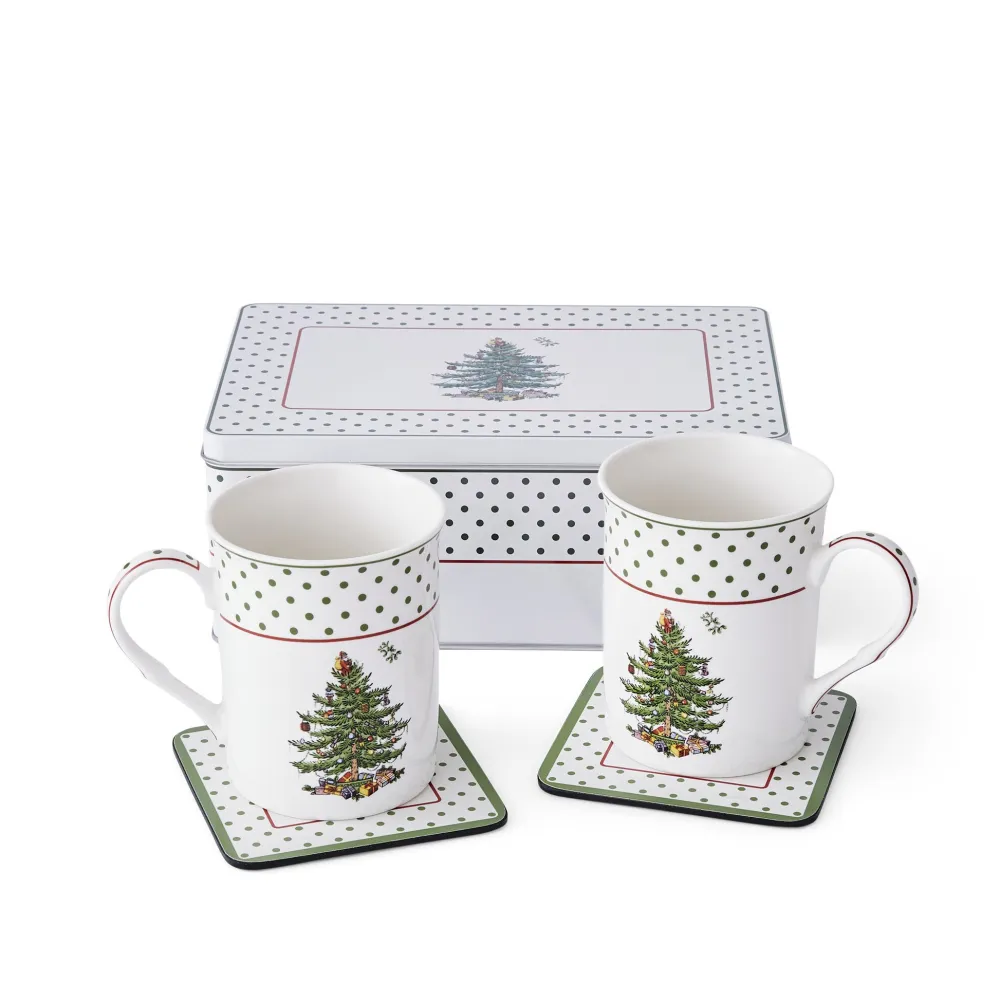 Spode Christmas Tree Polka Dot 5 Piece Mug & Tin Set- Assorted Mugs