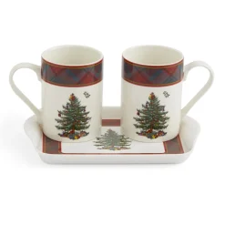Spode Christmas Tree Tartan Mugs & Tray Set- Assorted Mugs