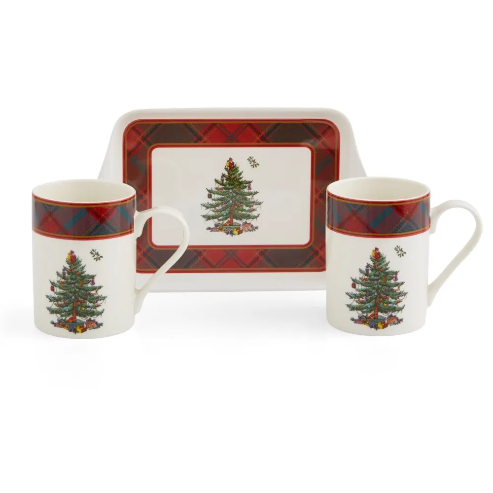 Spode Christmas Tree Tartan Mugs & Tray Set- Assorted Mugs