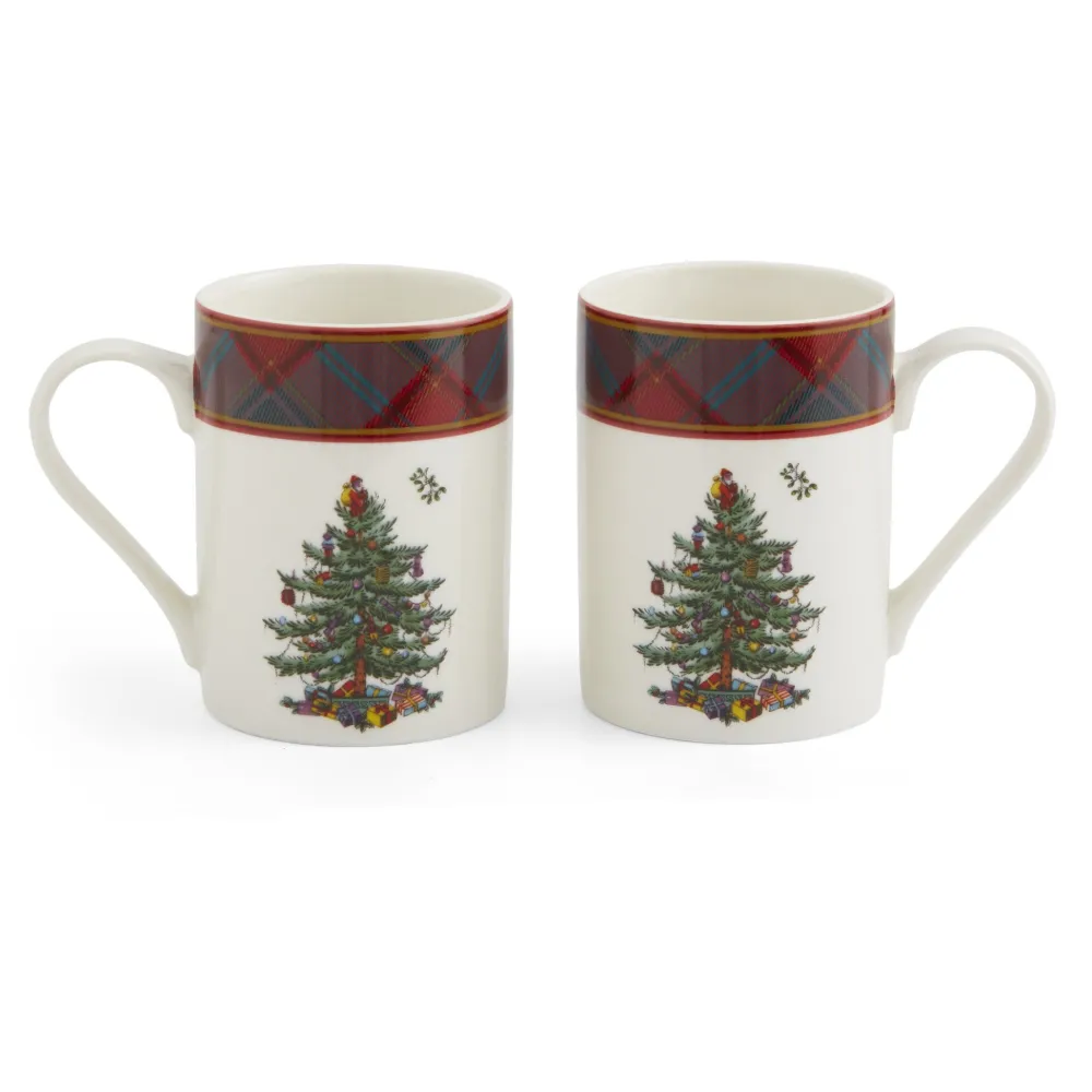 Spode Christmas Tree Tartan Mugs & Tray Set- Assorted Mugs