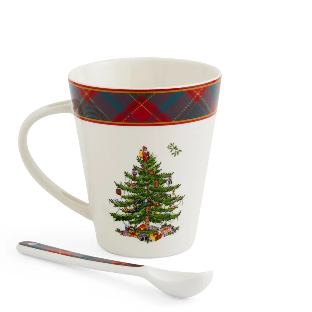 Spode Christmas Tree Tartan Mug & Spoon Set- Assorted Mugs