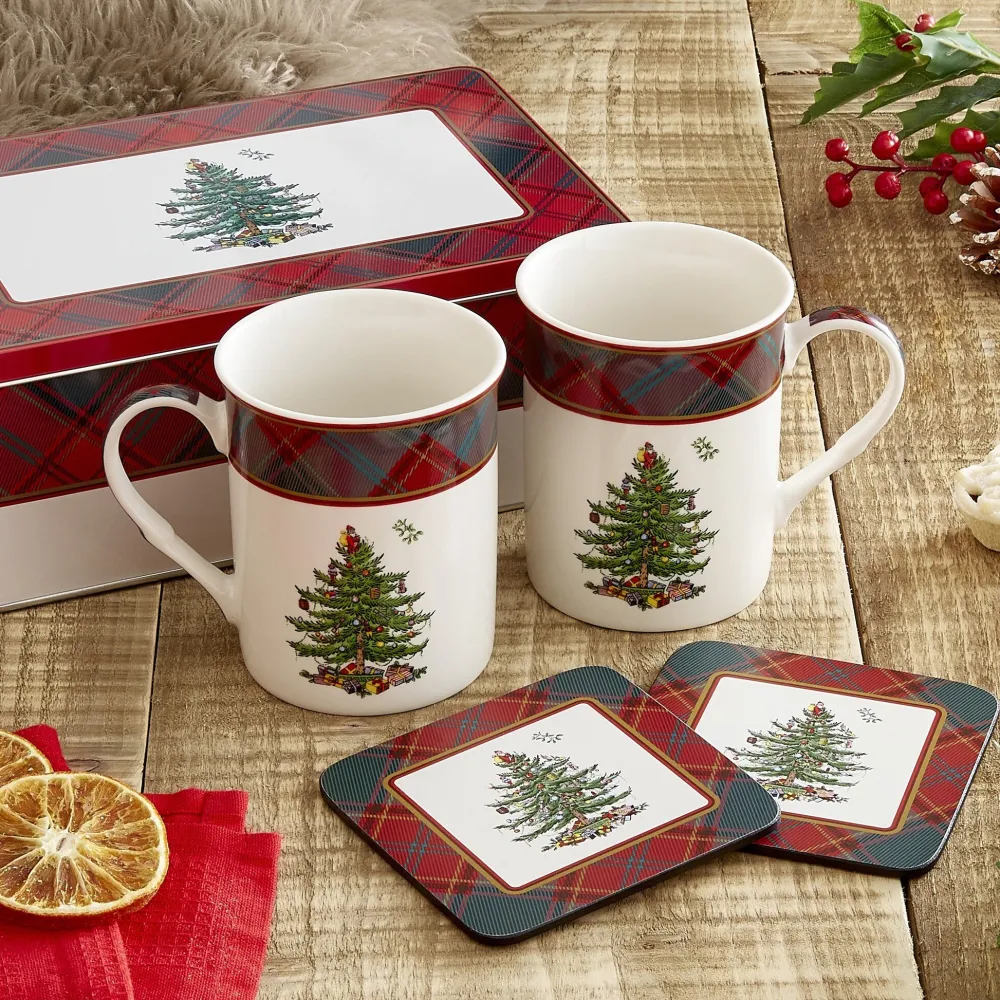 Spode Christmas Tree Tartan 5 Piece Mug and Tin Set- Assorted Mugs