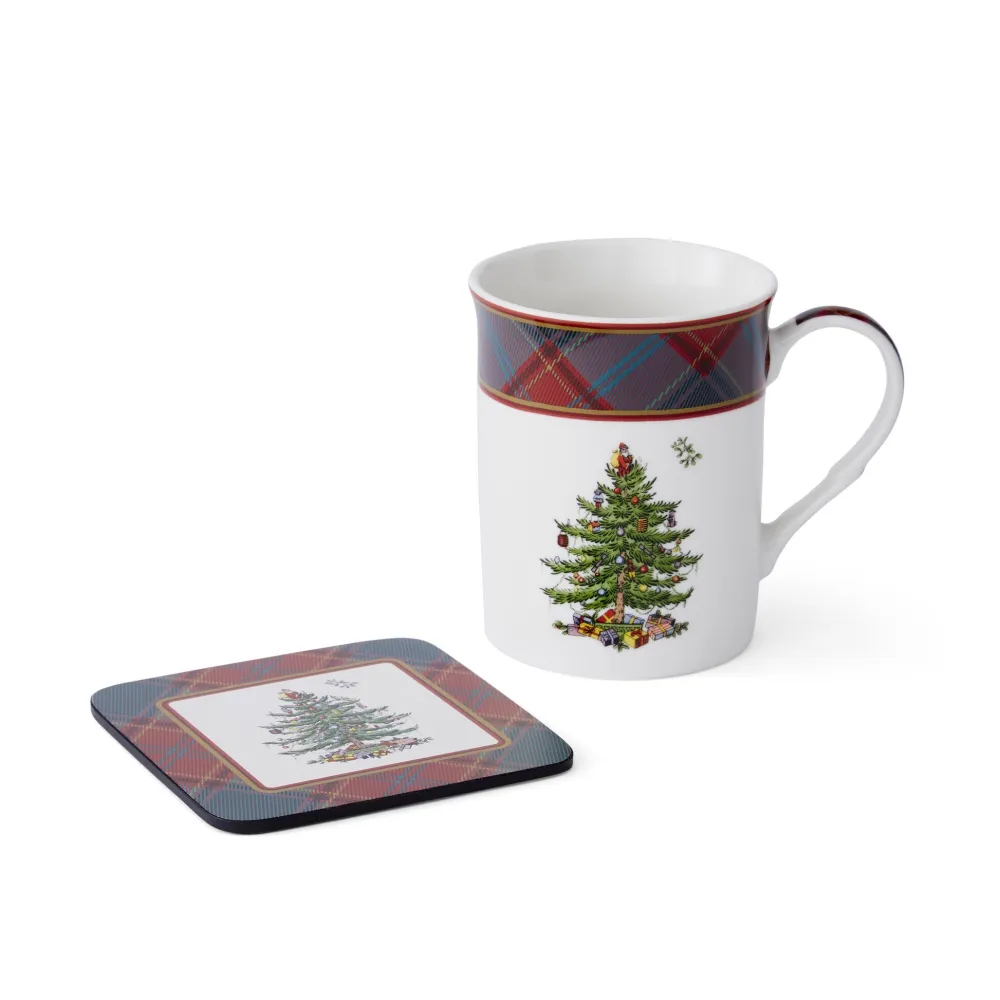 Spode Christmas Tree Tartan 5 Piece Mug and Tin Set- Assorted Mugs
