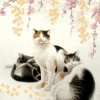 Three Cats Sakura Birthday Card- Greeting Cards