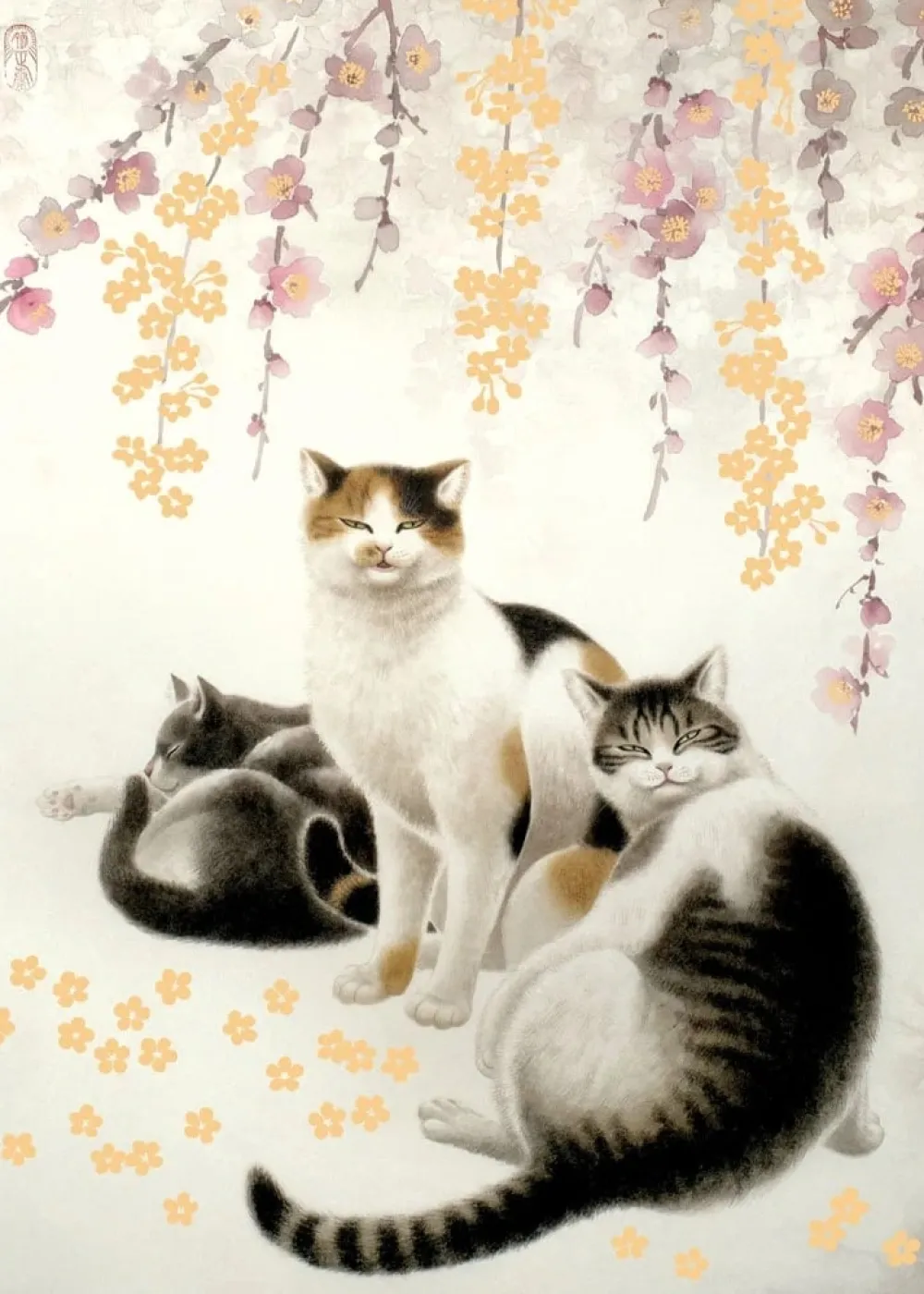 Three Cats Sakura Birthday Card- Greeting Cards