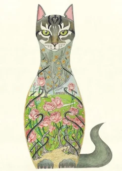 Watercolor Cat in a Rose Garden Greeting Card- Greeting Cards